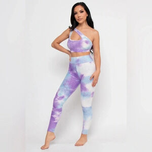 PURPLE TYE DIE FITNESS ACTIVE WEAR 2PC SET ONE SHOULDER TOP Size S New With Tags